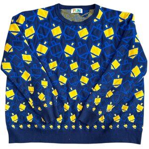 Fun Mens Hanukkah Dreidel Sweater 3X Blue Yellow Crew Neck Festive Ugly Holiday